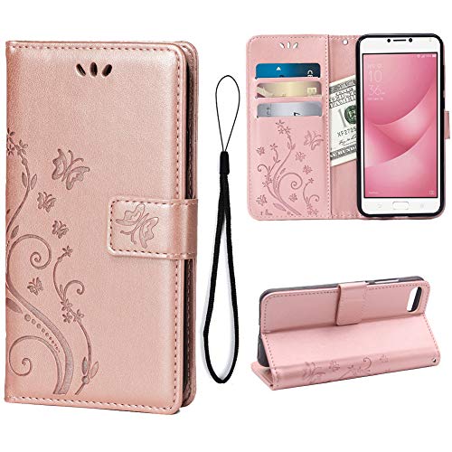 Teebo Wallet Case for Asus Zenfone 4 Max ZC554KL(5.5 inch), 3 Card Holder Embossed Butterfly Flower PU Leather Magnetic Flip Cover for Asus Zenfone 4 Max ZC554KL(Rose Gold)