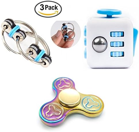 3 Pack Fidget Toys,Rainbow Colorful Spinner,Finger Cube,Fidget Bike Chain Toy for ADD ADHD Stress And Anxiety Relief (White Blue)