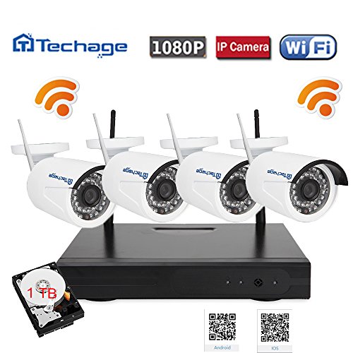 Techage Wifi Security System/ Wireless CCTV System Outdoor/ Indoor, 4CH 1080P 2.0MP Waterproof IP Camera, 65ft Night Vision, Plug & Play, 36 Led Lights Home Security Surveillance Kits With 1tb HDD