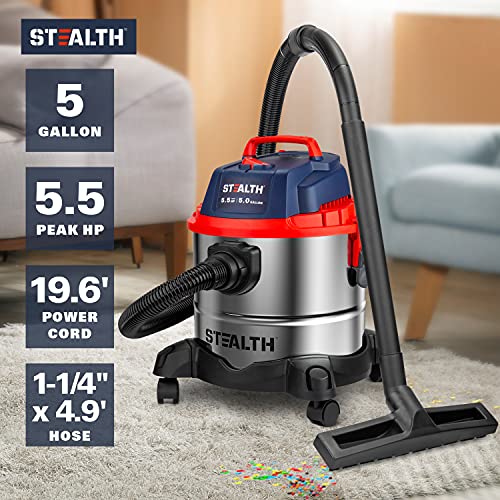 Stealth Wet Dry Vacuum, Portable 5 Gallon 5.5 Peak HP Stainless Steel