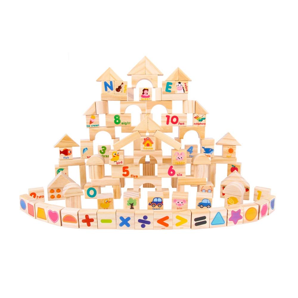FeiWen Wooden Building Blocks Set，110 pieces Child Stacking Blocks Alphabet Letters, Counting&shape Building Block Set