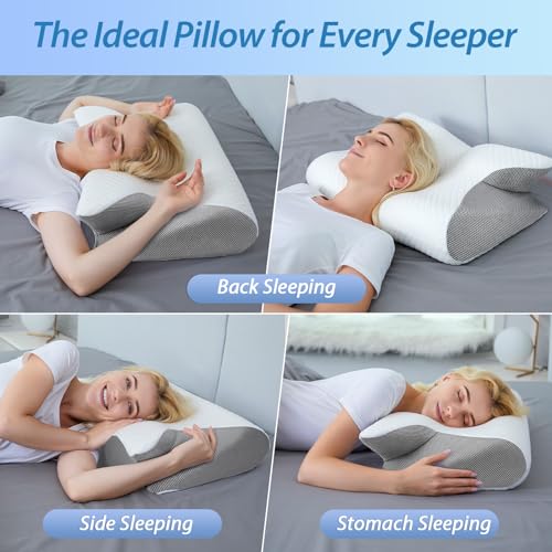 HOMCA 2-in-1 Ergonomic Neck Pillow, Memory Foam Pillow for Back, Side and Stomach Sleepers, 60 x 40 x 12/14 cm, Grey