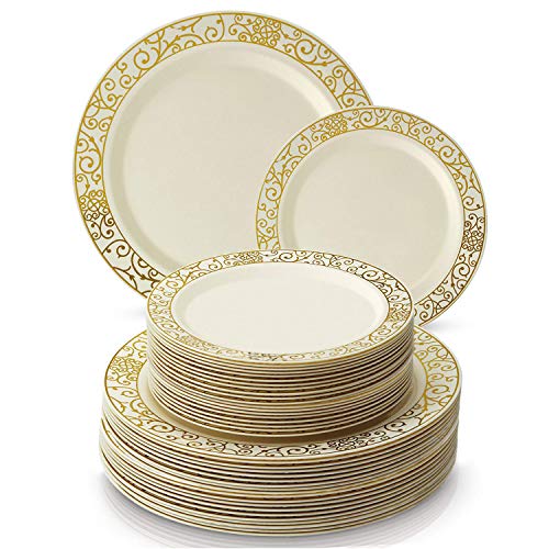 ELEGANT DISPOSABLE 240 PC DINNERWARE SET | 120 Dinner | 120 Side Plates | Heavy Duty Disposable Plastic Dishes | Elegant Fine China Look | for Upscale Wedding and Dining (Venetian Collection - Gold)