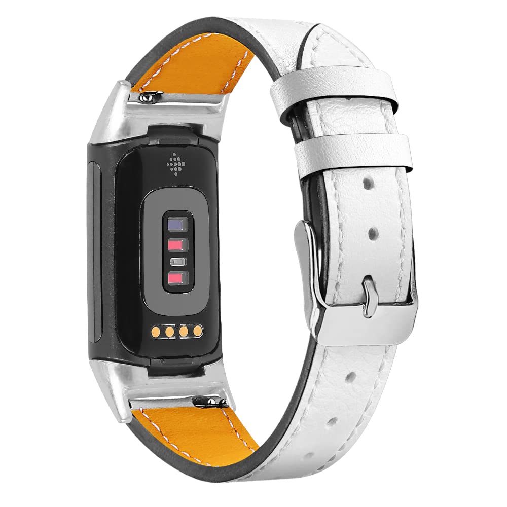 Gimuk Compatible with Fitbit Charge 5 Strap for Women Men, Genuine Leather Adjustable Sports Strap Replacement Wristband for Charge 5 Tracker Small Large (White) — image 1