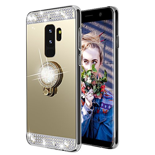 Galaxy S9 Plus Case,Lozeguyc Crystal Rhinestone Mirror Glass Case Bling Diamond Soft Rubber Makeup Case for Samsung Galaxy S9 Plus with Detachable 360 Degree Ring Stand--Gold