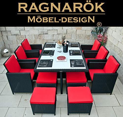 Ragnarök-Möbeldesign Heimdall Premium PolyRattan - Deutscher Hersteller - 8 Jahre GARANTIE - Aluminium Gartenmöbel Essgruppe Tisch Stuhl Hocker Schwarz Rostfrei Rattan Garten Sitzgruppe