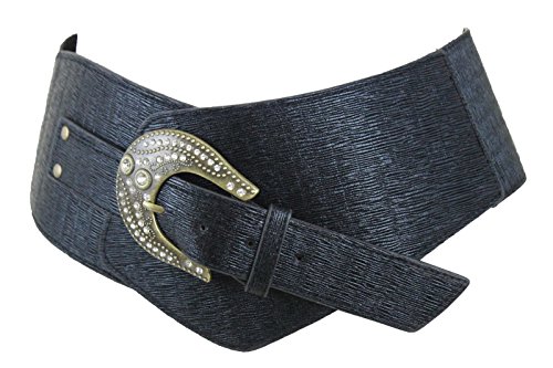 TFJ Women Wide Western Belt Black Faux Leather Vintage Gold Buckle Studs M L