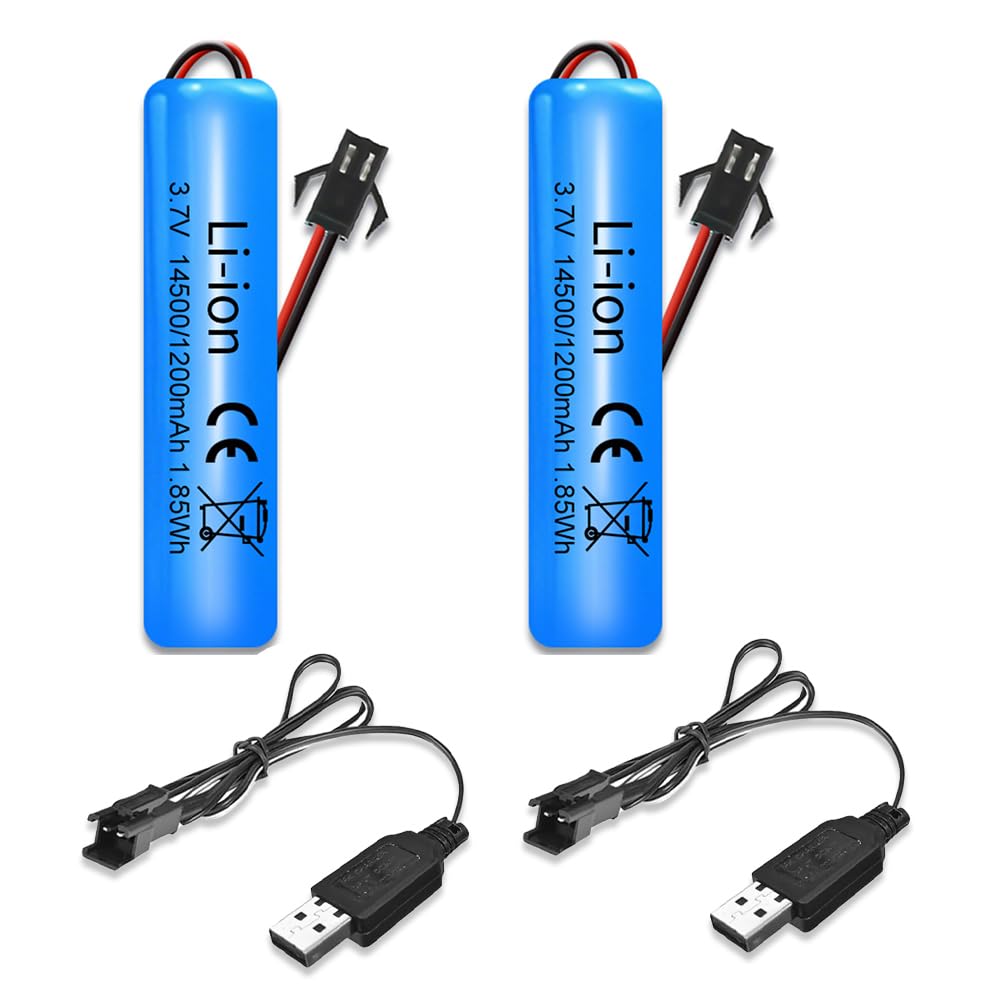 KBIBCK 2 PCS Li-ion Battery 3.7V 1200mAh,Rechargeable Lithium Batteries with Usb Charger SM-2P Plug Connector,Universal Li-ion Battery 14500 for RC Car Off Road Truck Jumper Vehicle Drift MonsterToys