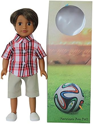 Medium Brown Skin Vinyl Boy Doll 18 Inch With Casual Grid Short Sleeve Shirt, Ligth Green Shorts, White Shoes