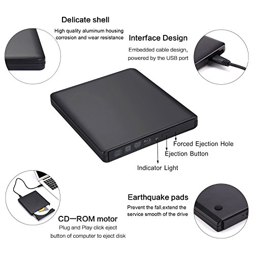 Guamar External Blue-Ray Drive,USB 3.0 Aluminum Blu-Ray Drive CD/DVD Burner/Writer with 3D Blu-ray Disc Playback,Super-Fast Blu-Ray Writing Reading Speed,for Notebook Netbook Desktop,Black - Thumbnail 3