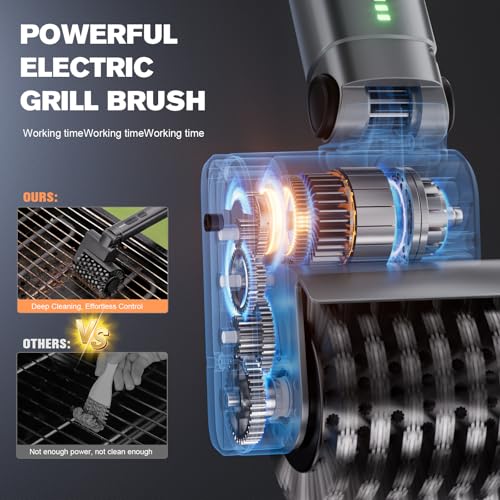 Electric Grill Brush, Cordless Rechargeable Electric Grill Cleaner with 2 Heads, 3 Speeds, Angle Adjustable, 150-Min Runtime BBQ Brush for Outdoor Barbecue Grates