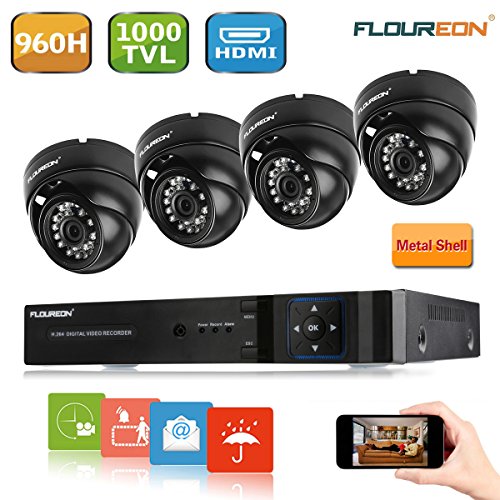 Floureon 8CH 960H CCTV DVR with 4 Dome 1000TVL Waterproof Camera Security Kit (NO HDD)