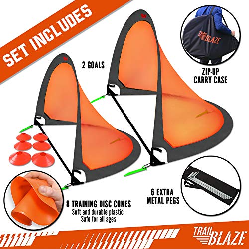 Trailblaze Pop Up Soccer Goals for Backyard - 2 Portable Soccer Nets for Backyard, 8 Disc Cones + Carry Case - Ideal Soccer Equipment for Training