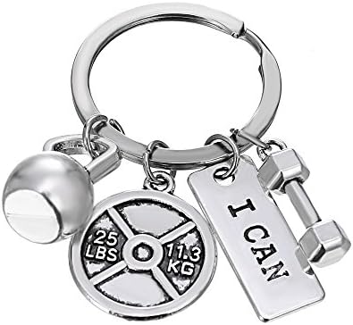 iDMSON Unisex Stainless Steel Keyring Body Weight Lifting Fitness Gym Exercise Barbell Dumbbell Charm Keychain (I CAN)
