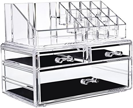 Acrylic Makeup Organizer Jewelry &amp; Cosmetic Storage Box, 3 Drawers and 1 Makeup Display Holder, 2 Pieces Stackable, Detachable, Clear, Medium