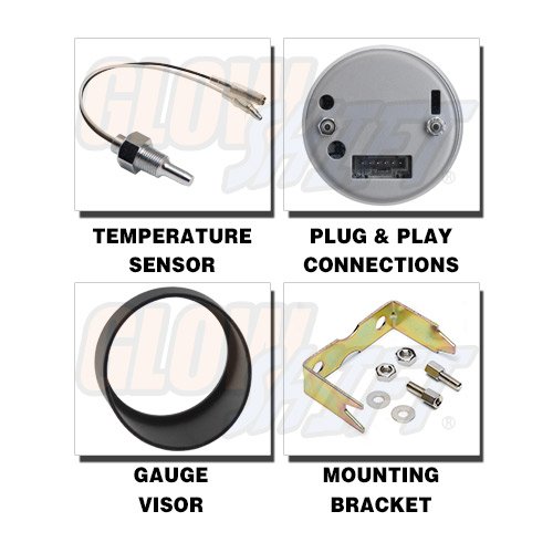 GlowShift Tinted Series 280 F Oil Temperature Gauge Kit - Includes Sensor - White LED Backlit - Smoked Lens - for Car ＆ Truck - 2-1/16