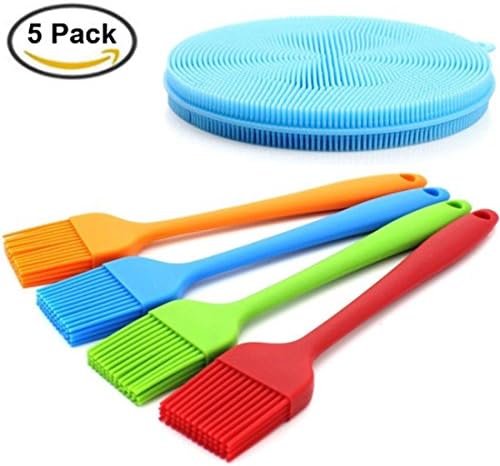 [Pack of 5]Ybetter Antibacterial Silicone Basting BBQ Pastry Oil Brush &amp; Silicone Sponge Cleaning Brush, Perfect Use for Cooking, Grilling, Marinating, Turkey Baster, Desserts Bake, Cleaning