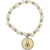 Virgen de la Caridad del Cobre Religious Catholic Bracelet with Stainless Steel Medal and Pearl Beads (SSBCOMPM-WG)
