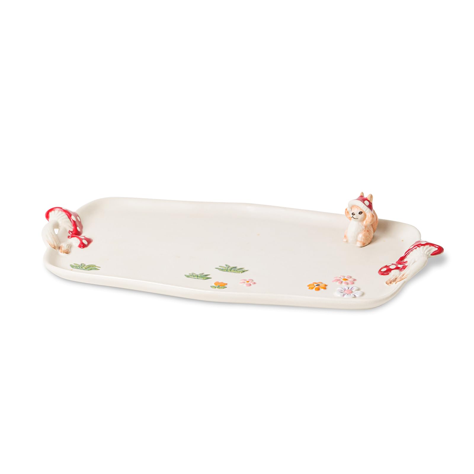RESVUGA Mushroom Ceramic Tray, Rectangle 36cm Double Handle Dessert Appetizer Baking Dishes, Cute Steak Dinner Plates, Decorative Plate with Cute Squirrels.