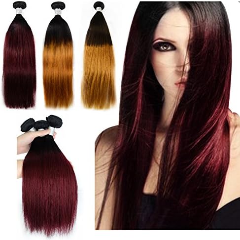 Qileyi 8A High Virgin Remy Brazilian Hair ombre straight bundles Dyed Full Head Set Soft Silky Density Guarantee Hair Weaving Extensions 3pcs (22'' 22'' 22'', 1b-99J#)