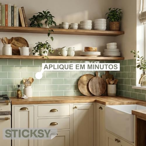 Placa Pastilha Adesiva Resinada 3D Sticksy Revestimento Decorativo Impermeável para Cozinha Banheiro (Verde Subway - 30,5 x 26 Cm)