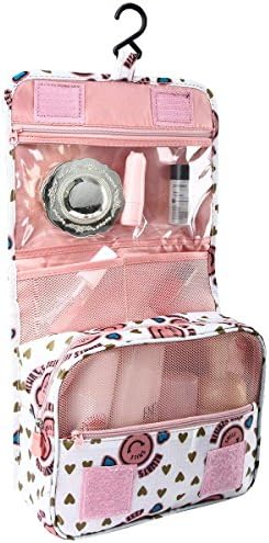 Hanging Toiletry Bag, EASEHOME Portable Makeup Cosmetics Organiser Waterproof Wash Bag Travel Cosmetic Bags Folding Bathroom Travel Kit Strorage Pouch with Hook for Ladies, Pink Smile