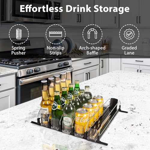 Upgraded Drink Organizer for Fridge – Adjustable Width Soda Can Organizer with Automatic Glide, Space-Saving Refrigerator Can Dispenser Holds Up to 25 Cans – Drink Holder for Fridge (5 Rows, Black)