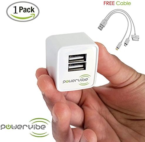 Dual USB Travel Wall Charger Bundle By PowerVibe Foldable Plug USB AC Universal Travel Adapter For Apple iPhone, IPad Android &amp; Tablets - FREE Universal USB Data Cable