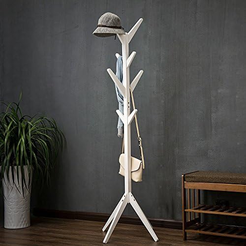 Simple Floor Standing Coat Rack Tree Solid Wood Wooden With 8 Hooks 175cm Home Bedroom Storage ( Color : White )