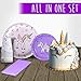 Children’s Unicorn Party Supply Pack, 72 Piece Set Rainbow of Party Supplies Plus Happy Birthday Banner, Purple, Serves 12