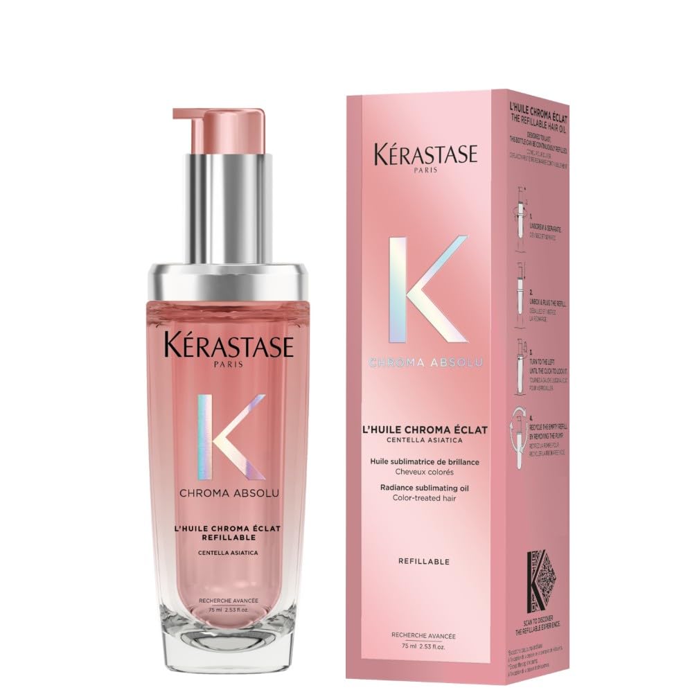 Kérastase Chroma Absolu, High Shine Hair Oil for Damaged Colour-Treated Hair, Lightweight Formula with Lactic Acid, Huile Chroma Éclat, 75ml Refill