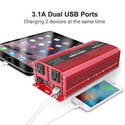 Yinleader Power Inverter 1500W/3000W(Peak) DC 12V to 110V AC with Dual AC Outlets and Dual 3.1A USB Ports for RV Caravan Truck Laptop iPad iPhone(Cables+ Replaceable Fuses)(Red)
