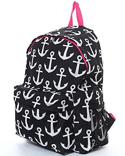 Polyester Printed Large School Backpack with Adjustable Straps (Black Pink Anchor)