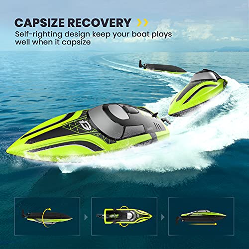 DEERC RC Boat with LED Light, 30+ Mins, Self Righting Remote Control Boat for Pools & Lakes, 20+ MPH, 2.4GHz Racing Boats, 2 Battery, Summer Pool Toys for Kids