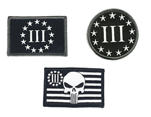 Three Percenter Tactical Military Velcro Patches Bundle of Three, Three Percenter Punisher, 2