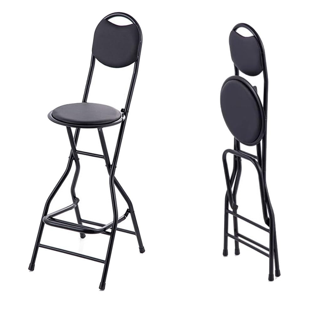 Taburete de bar acolchado acolchado plegable, silla alta de cocina plegable negra para adultos, taburete de bar portátil con respaldo para camping, tienda, cafetería, oficina