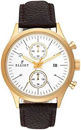 Elliot Grained Genuine Leather Watch With Gold Stainless Steel Case and White Dial (Dark Brown Strap)