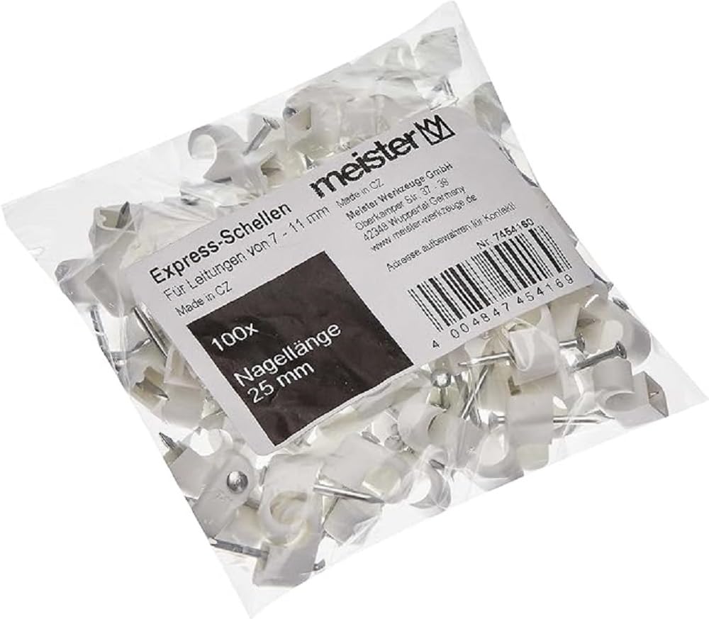 Viola Direkt GmbH 7454160 Meister Express White-Pack of 100 in Practical Set-for Fixing Includes Pre-Assembled Adhesive Cable Clips/Nail Clamps Pieces, 7-11 mm (100 Stück)