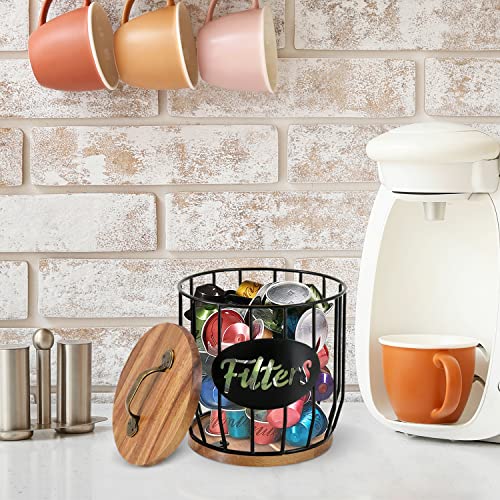 Luneodoki Acacia Coffee Filter Holder with Lid, Rustic Storage Container Basket, Round Dispenser