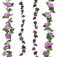 Zerodeco 4 Pack Artificial Fake Rose Silk Flower with Green Leaf Vine Plastic Hanging Vine Garland Artificial Flora Wreath Wedding Party Garden Wall Valentine Decoration - Purple and Lavender