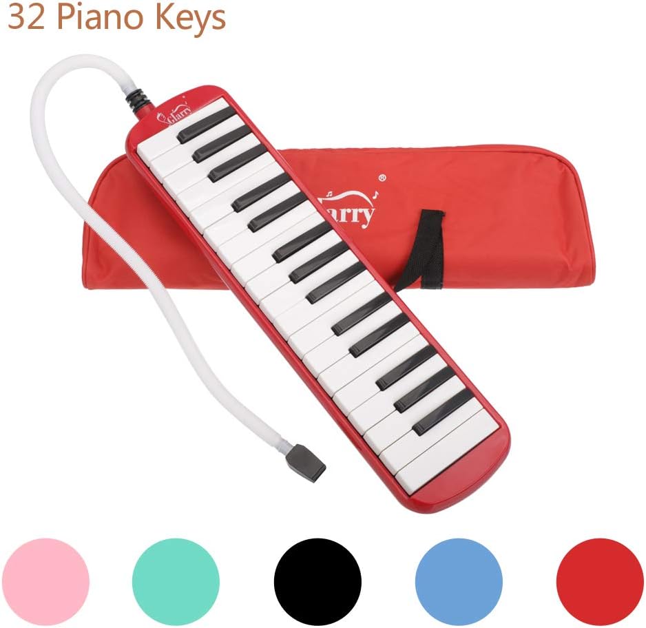 Glarry 32 Keys Melodica Soprano Instrument Air Piano Keyboard with Short and Long Mouthpieces, Strap and Carrying Bag for Kids Adults Gift(Red)