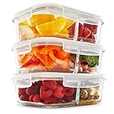 2 Compartment Glass Meal Prep Containers (3, 30 Oz) - Food Storage Containers with Vented Lids | Glass Bento Box Lunch Box for Adults | Leakproof Food Prep Containers | Portion Control Food Containers