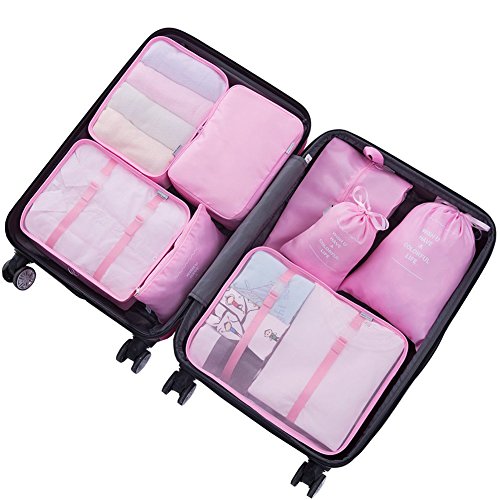 8 Set Packing Cubes - Compression Travel Storage Luggage Organizer Bags for Women Travel Suitcase with Shoes Bag (PInk)