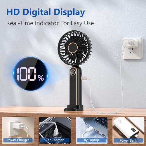 PALATALA Handheld Fan, Powerful Hand Held Fan Rechargeable with 6 Speeds, Portable Fan Handheld with LED Display, 4000mAh Hand Fan for Home Office Travel Bedroom Outdoor Travel (BLACK)
