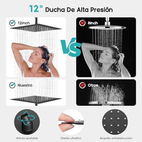Regadera Cuadrada Negra de 30 cm, Regaderas para Baño Cuadrada con Tubo 40 cm Alta Presion, Resumidero Cuadrado(10 x 10 cm) y Manerales en Negro Mate