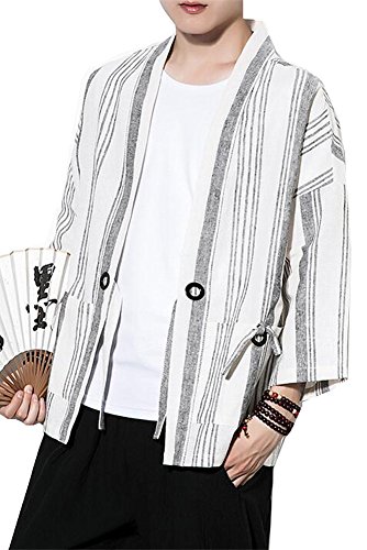 Men's Cotton Linen Retro Striped Kimono Cardigan Cloak Jacket 2XL (White Striped, Large) - Thumbnail 5