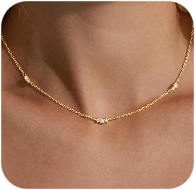 SWEETASK Gold Necklace for Women Dainty 14k Gold Plated Silver CZ Diamond Thin Choker Necklace Trendy Small Layering Chain for Women Non Tarnish Free Womens Simple Waterproof Jewelry 14 16 18inch