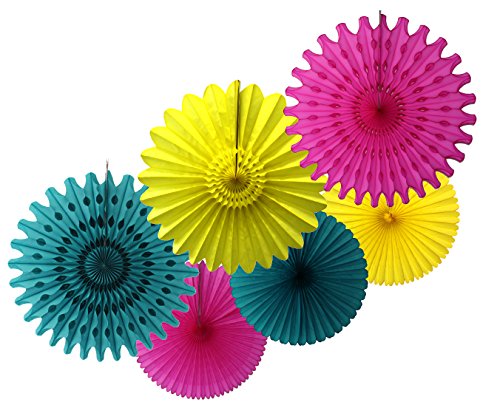 Hanging Teal, Yellow, and Cerise Tissue Paper Fans, Set of 6 (13-18 inches)