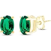 Birthstone Solitaire Stud Earrings for Women, 8x6mm Oval Cut Simulated Gemstone Studs in 14K Yellow Gold Plated 925 Sterling Silver Push Back Earrings, Jewelry Gift for Her