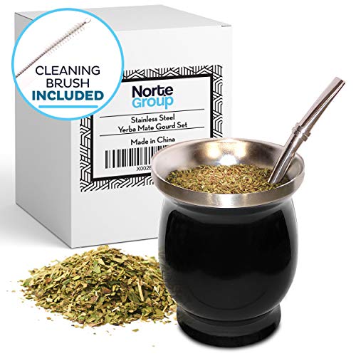 Yerba Mate Natural Gourd/Tea Cup Set of 2 (Original Traditional Mate Cup - 8 Ounces) | Includes Bombilla (Yerba Mate Straw) & Cleaning Brush | Black Stainless Steel | Double-Walled | Easy to Clean - Thumbnail 6